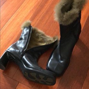 Black leather bootie fur trim